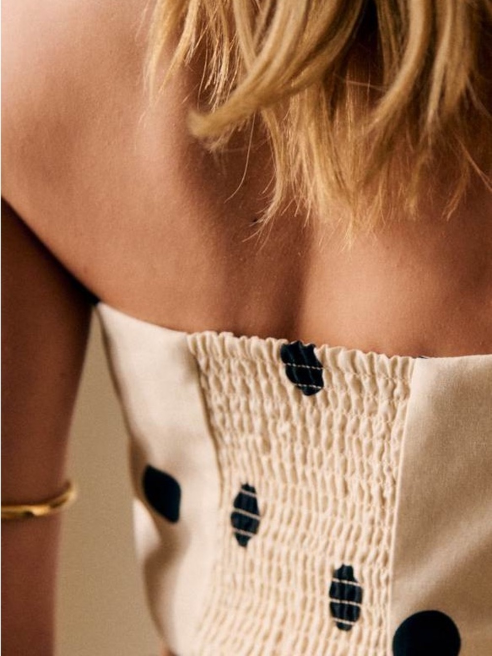 SEZANE EDITIONS Ecru Cream & Black Polka Dot Printed Linen Strapless Peplum Top - Picture 14 of 17